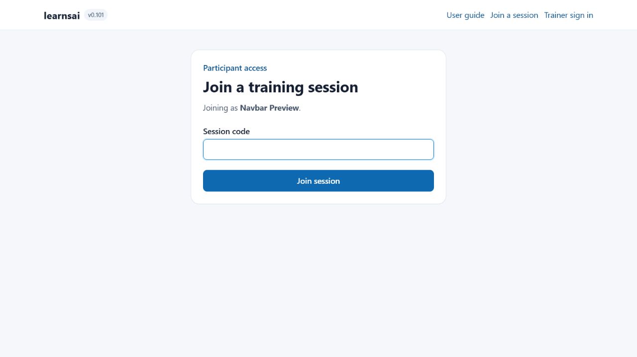 Join a training session page with the session code field and Join session button