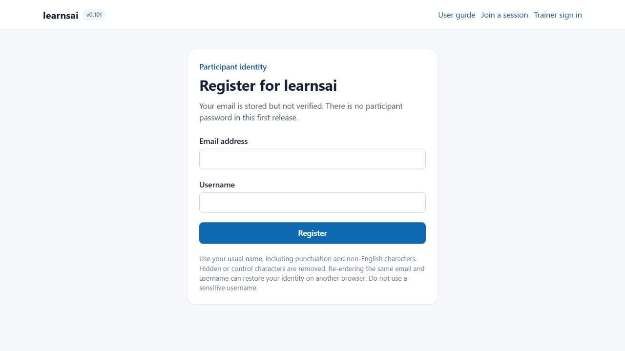 Participant registration page with email, username, and Register controls