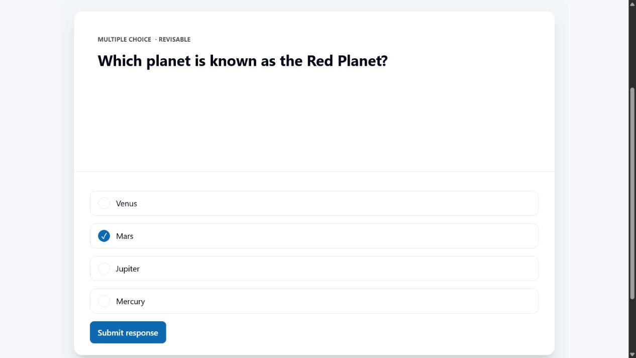 An open multiple-choice question with Mars selected and the Submit response button