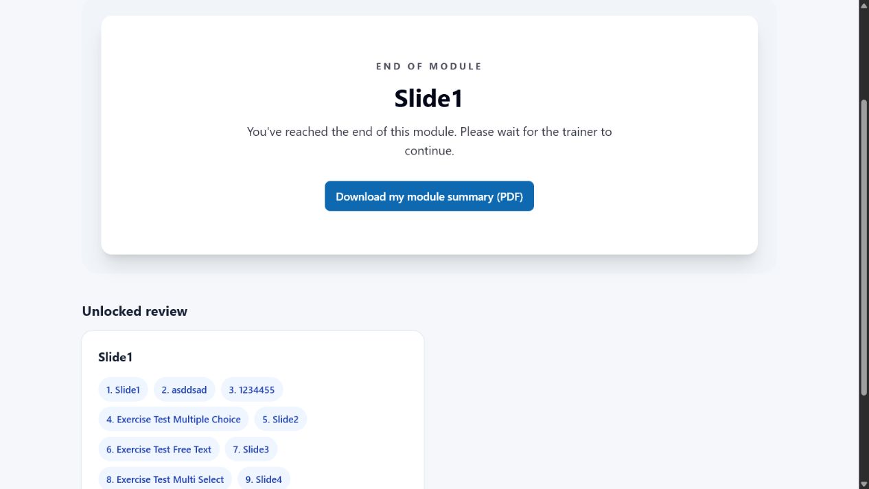 Completed participant module with review links and a PDF download button
