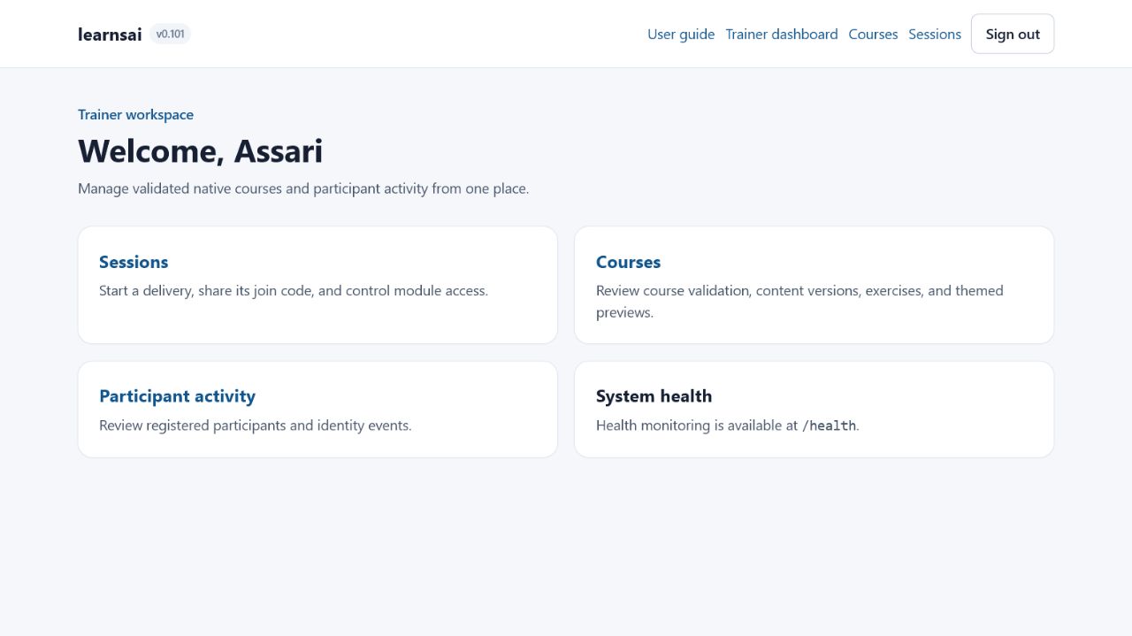 Trainer dashboard with Sessions, Courses, Participant activity, and System health cards