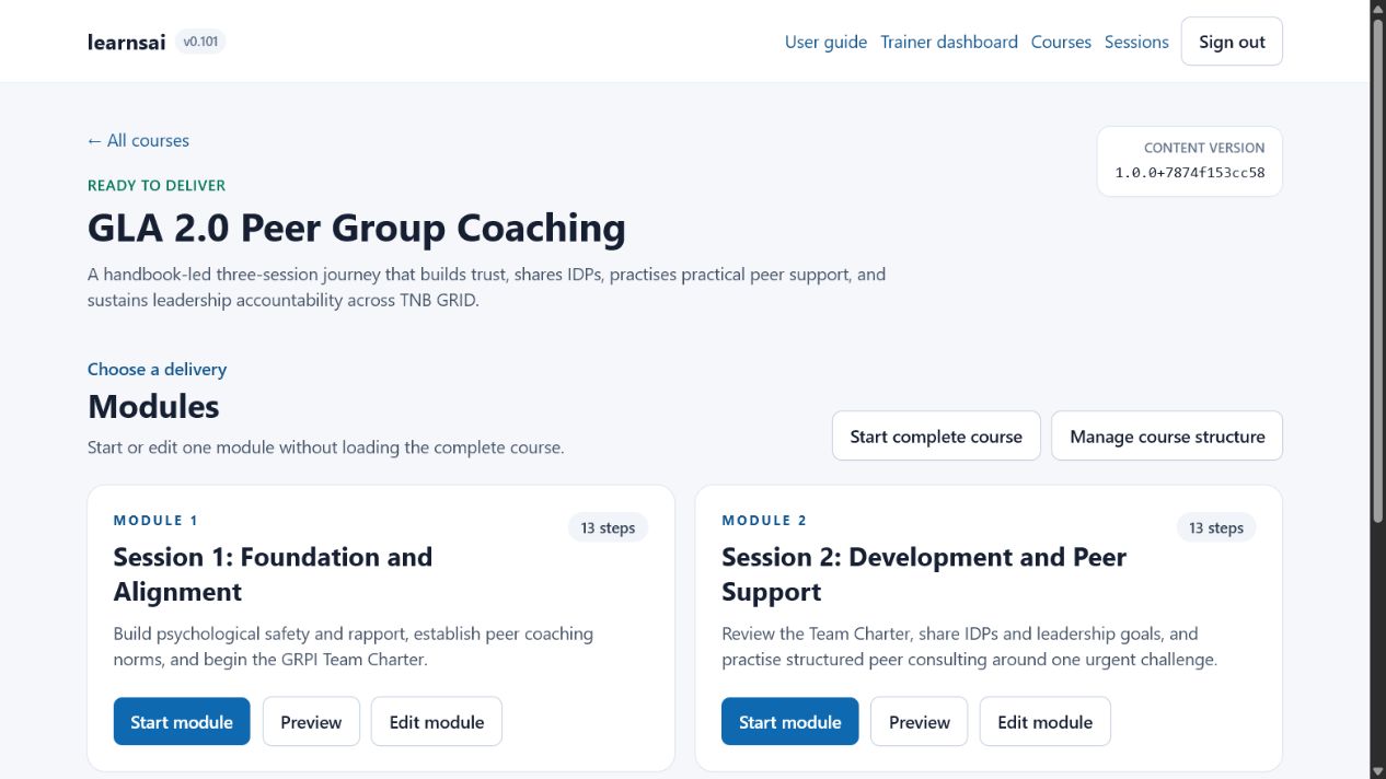 Course detail page showing separate Start module, Preview, and Edit module controls for each module