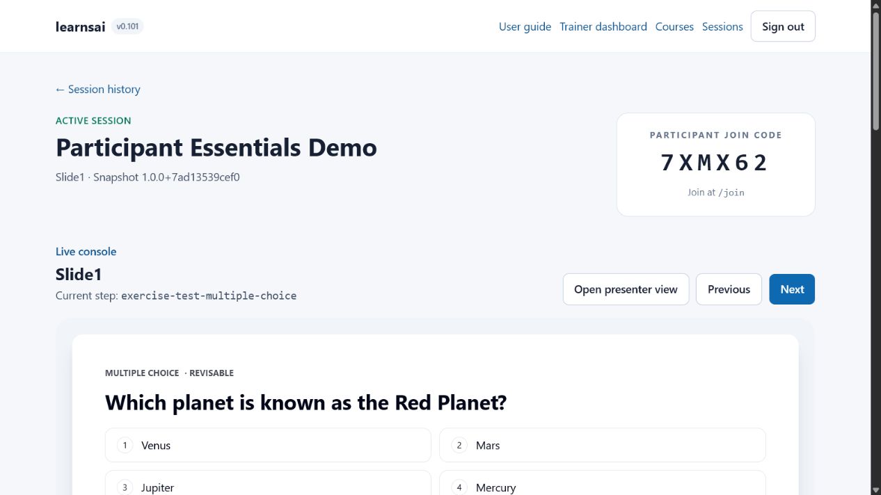 Trainer live-session console with join code and presentation controls