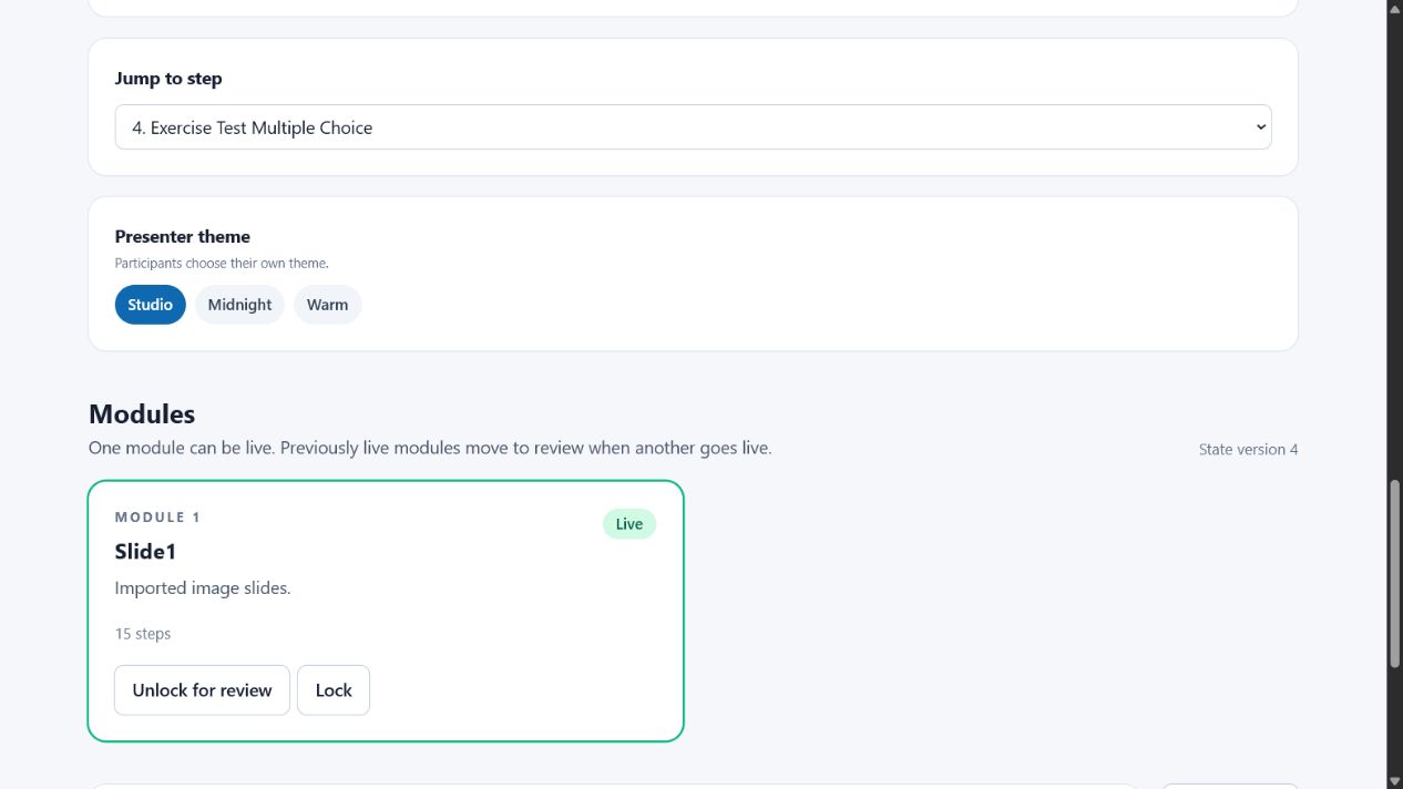 Trainer module card with Live status and Unlock for review and Lock buttons