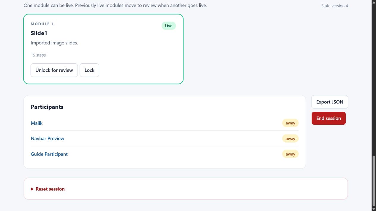 Bottom of an active trainer session showing module review controls, participants, Export JSON, and End session